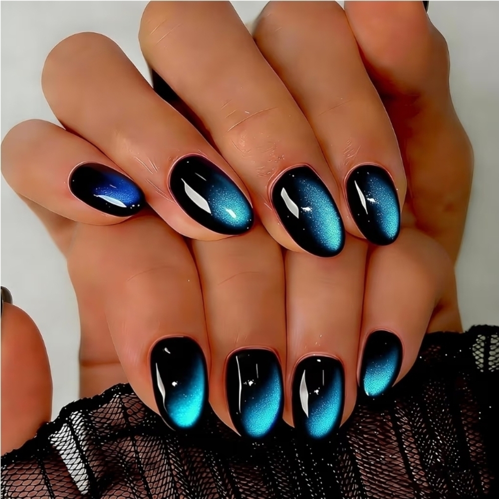 💄 Blue Cats Eye Soft Gel Press On Nails Short, 30 Pcs